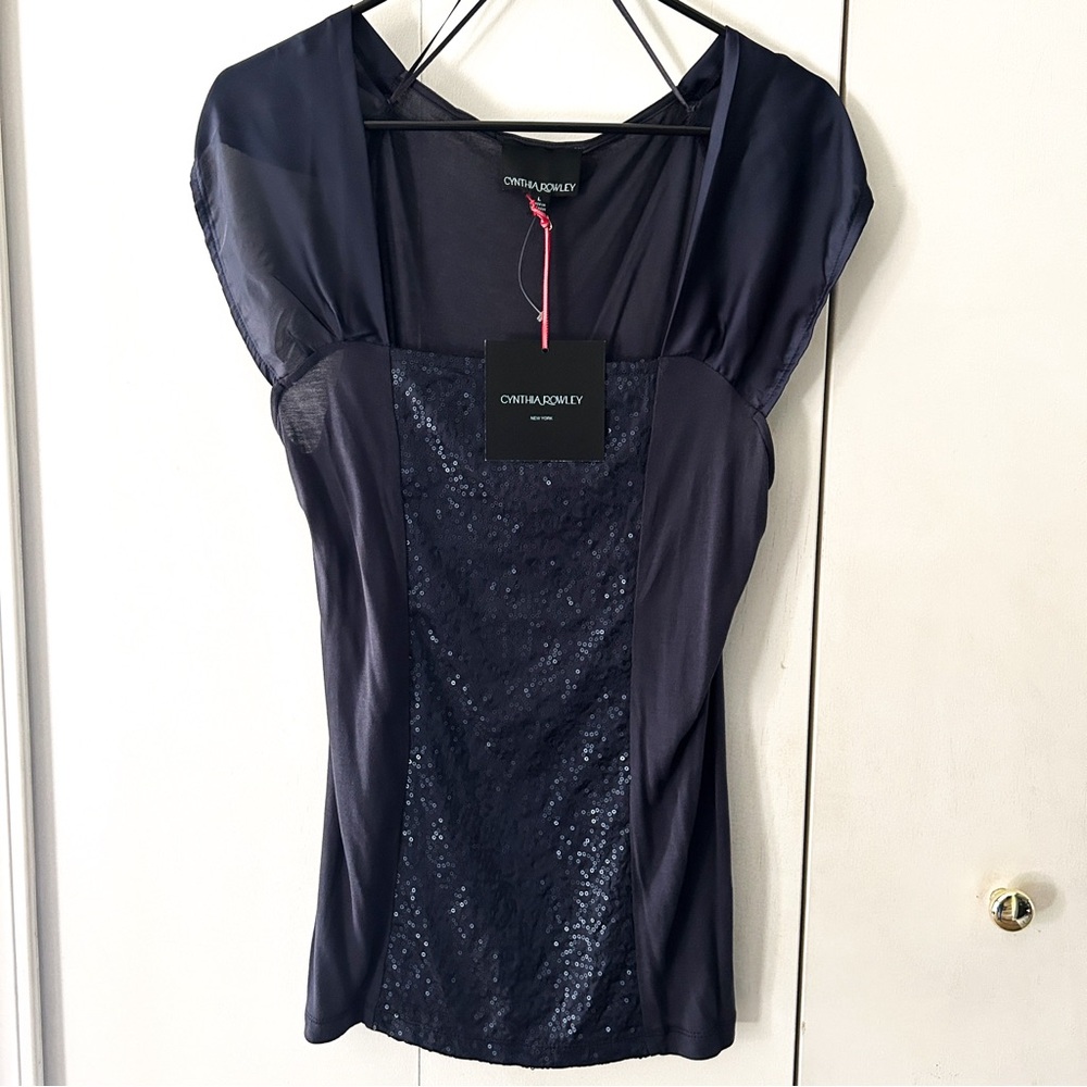 Cynthia Rowley blue sequin top, short sleeve / almost sleeveless, women size L